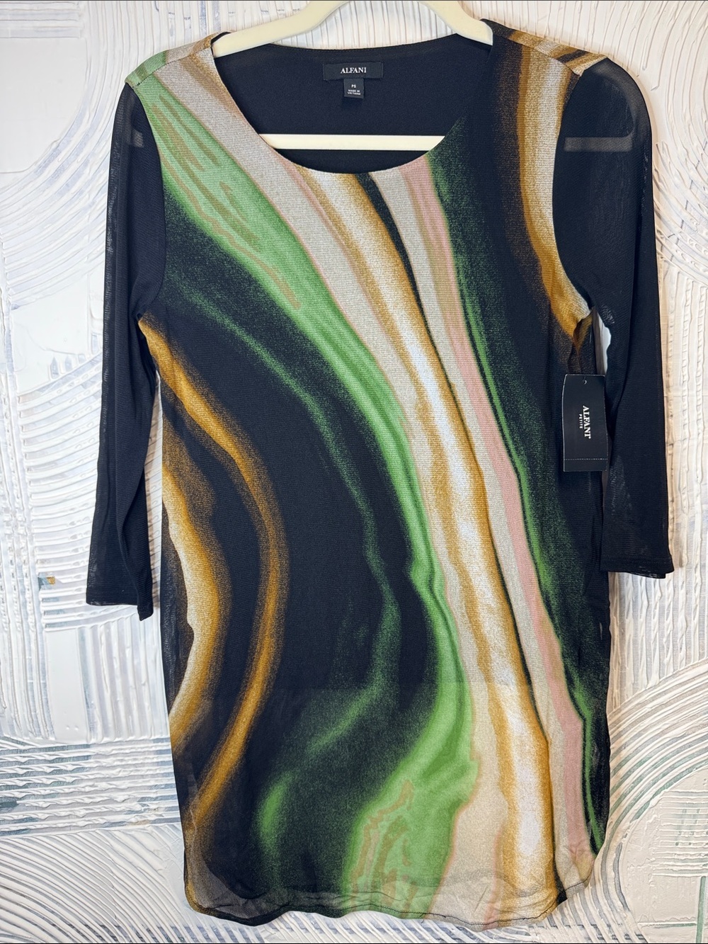 Alfani Black Tunic with Green, Gold and Cream Swirl Print N0679